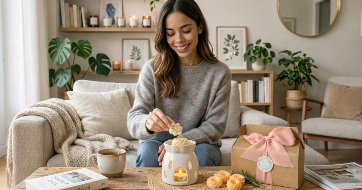 Fondant Parfumé & Brûle-Parfum : Guide Complet Utilisation, Entretien & Précautions (2026) 19 La bloggeuse Claire avec des fondants parfumés artisanaux et un brûle parfum dans son séjour chez elle - Fondant parfumé naturel et brûle-parfum artisanaux — N'importe Où - France