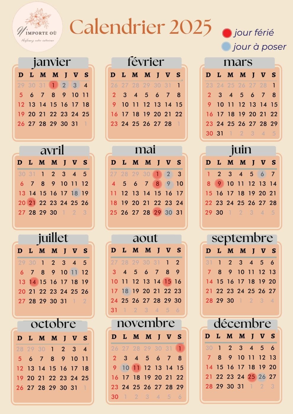 calendrier 2025 avec les jours féries 2025 à télécharger - n'importe où