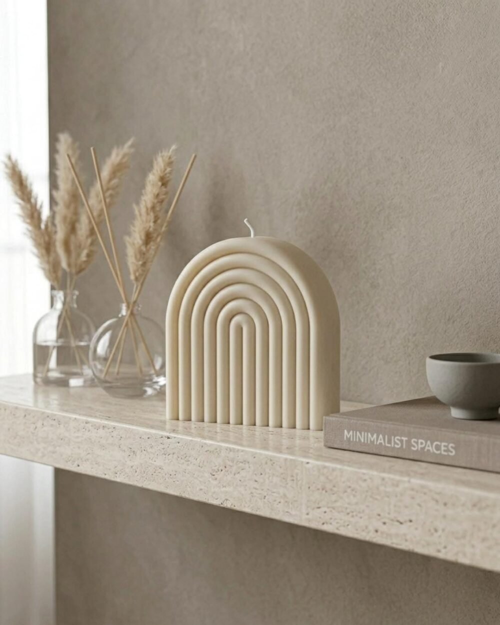 Bougie Déco Parfumée - Rainbow - Fait Main - Objet décoration minimaliste - Niõ Bougie Rainbow posée sur une étagère d'un intérieur à la décoration minimaliste. Bougie Déco Parfumée - Rainbow - Fait Main - Objet décoration minimaliste - Niõ