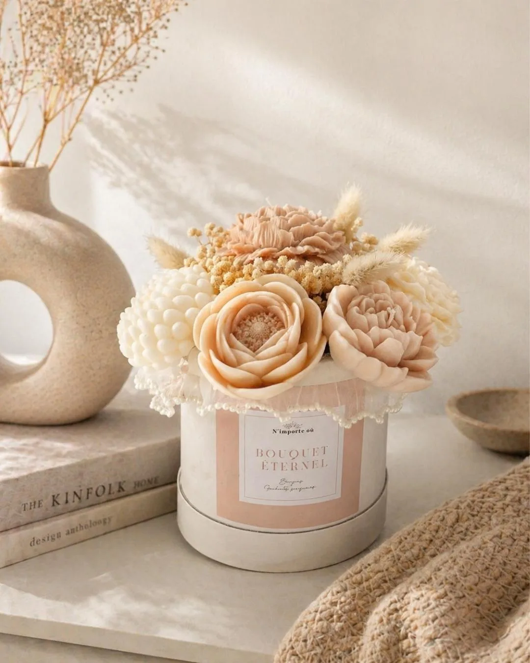MOCHA - Bouquet éternel en fleurs de cire parfumée - Fleurs de Lin & Coton - Fait Main - Niõ par N'importe où