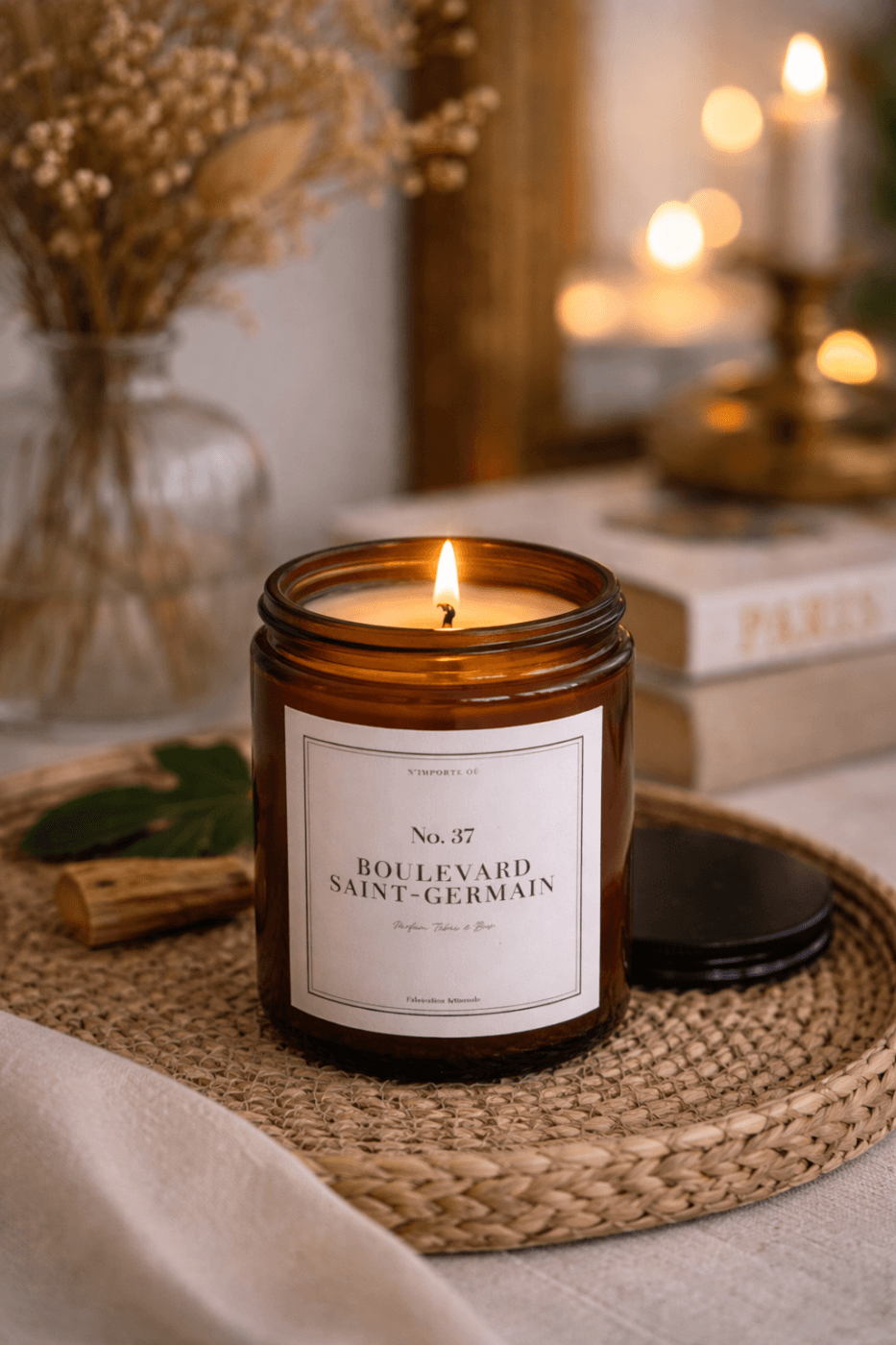 Bougie Boulevard saint Germain tabac santal Détail d'une bougie de luxe allumée à côté de feuilles de tabac séchées et d'un bloc de bois de santal dans un appartement style parisienGauche Paris.