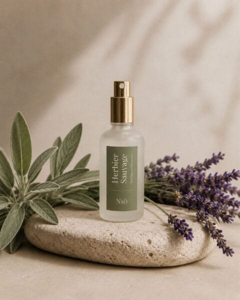 Visuel Brume d'oreiller Herbier Sauvage Lavande Sauge - 1- Niõ Brume d'oreiller Herbier Sauvage - Lavande et Sauge - posée dans un décor épuré avec des brins de lavande et de sauge - Niõ