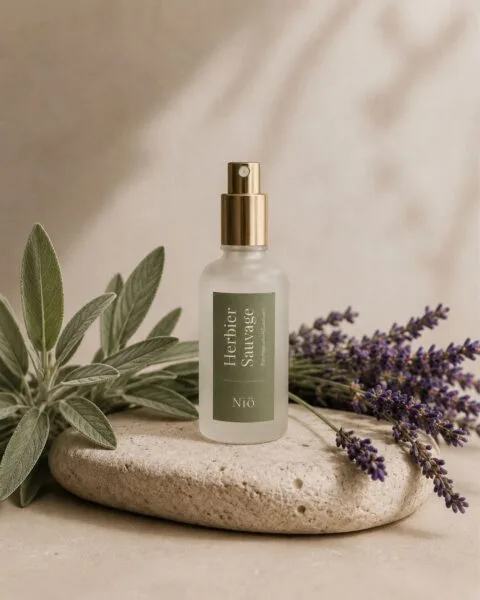 Brume d'oreiller Herbier Sauvage - Lavande et Sauge - posée dans un décor épuré avec des brins de lavande et de sauge - Niõ