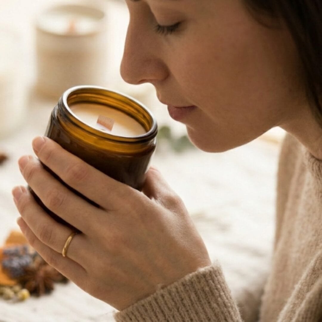 illustration nos matières - Niõ Une jeune femme sentant une bougie parfumée de Niõ à froid - illustration nos matières Niõ