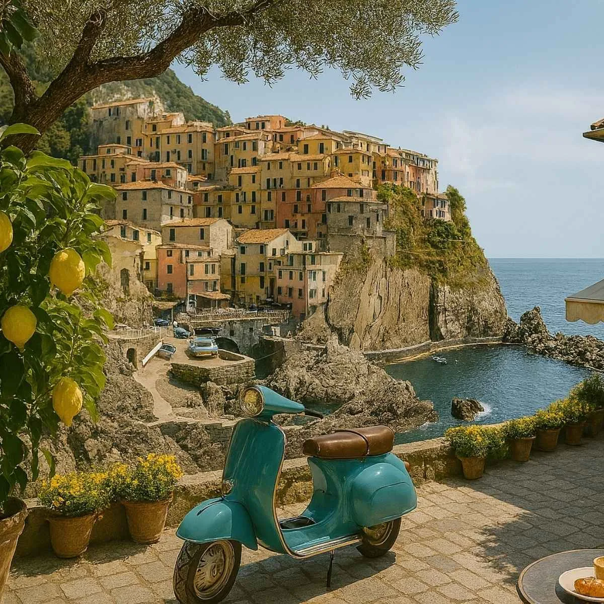 Cadre estival d'un village en Sicile pour illustrer la diversité de la nouvelle collection de Niõ avec des bougies parfumées naturelles artisanales, fondants artisanaux, et d'autres diffuseurs de parfums d'intérieur