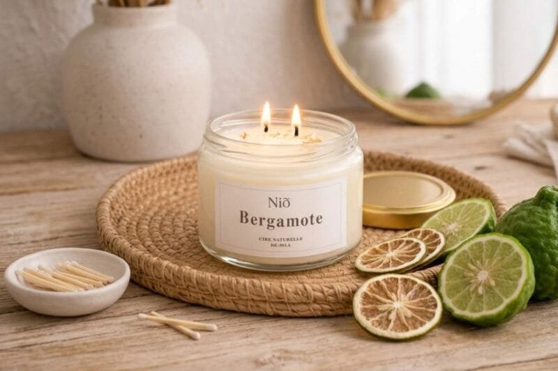 Bougie parfumée à la Bergamote de la Collection Bohème de Niõ posée sur une table en bois clair, lumière naturelle tamisée, avec des bergamotes fraiches et des tranches de bergamote séchées d'un coté, et des allumettes de l'autre. Les éléments de décoration cosy à l'arrière.