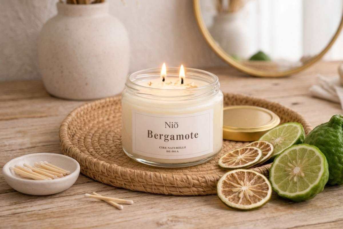 Bougie parfumée à la Bergamote de la Collection Bohème de Niõ posée sur une table en bois clair, lumière naturelle tamisée, avec des bergamotes fraiches et des tranches de bergamote séchées d'un coté, et des allumettes de l'autre. Les éléments de décoration cosy à l'arrière.