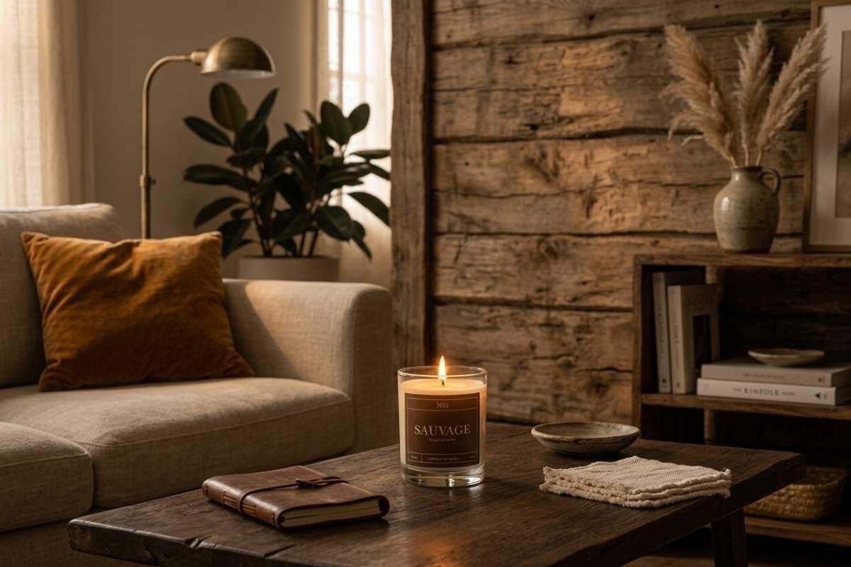 Bougie parfumée SAUVAGE dans un salon cosy, cadeau fête des pères original