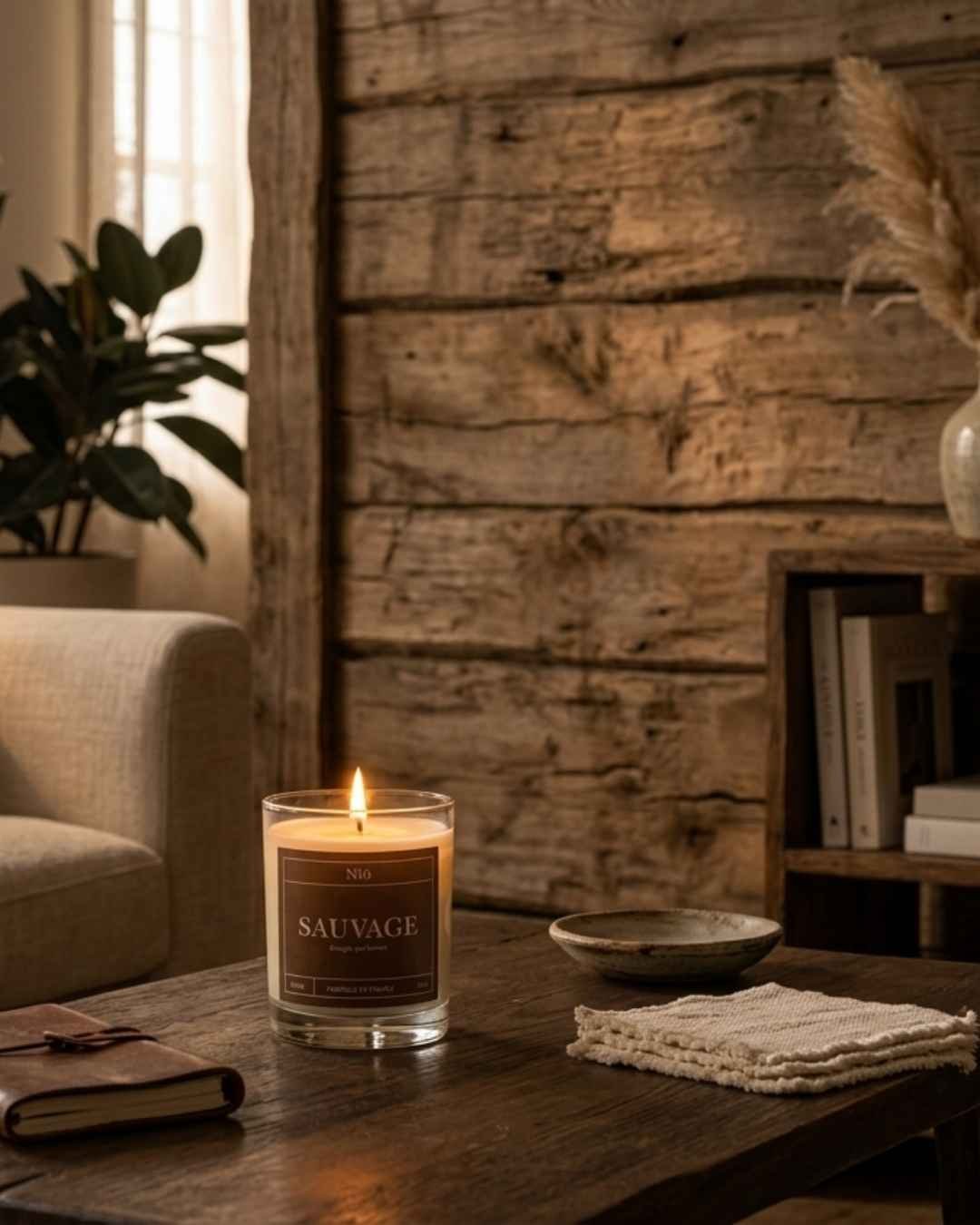 Bougie parfumée artisanale Sauvage de Niõ de famille olfactive boisée, allumée dans un intérieur cosy et rustique, sur une table en bois et, à l'arrière, un mur recouverte du bois brute