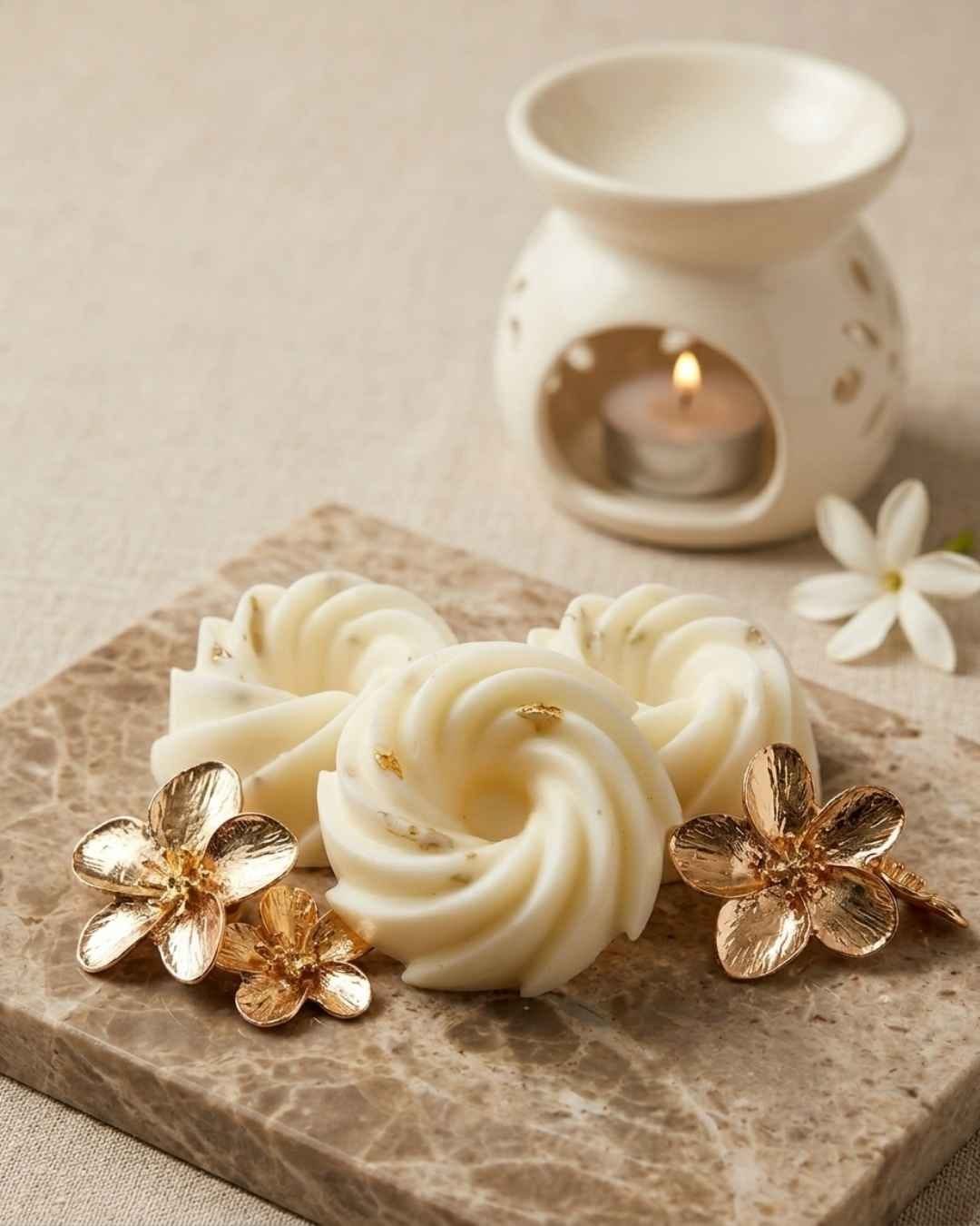 Les fondants artisanaux Vanille de Niõ de la famille olfactive épicée/orientale, dans un cadré épuré, avec les fleurs de vanilles et un brûle-parfum en céramique à l'arrière