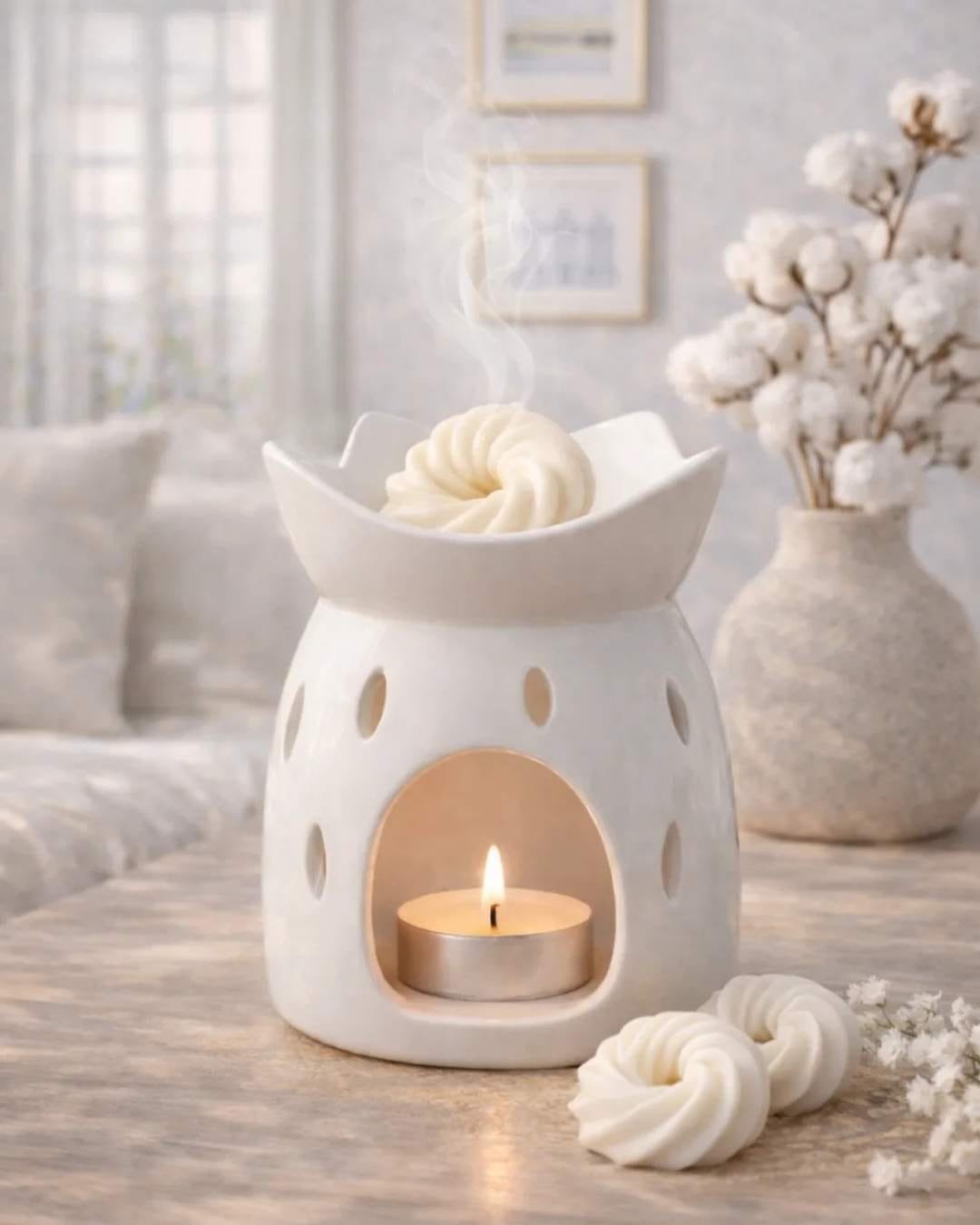 Les fondants parfumés artisanaux de Niõ, Musc Blanc, dans un intérieur à la décoration épurée. Ils sont posé à côté d'un brûle-parfum en céramique de la collection Niõ et un vase avec des fleurs de musc