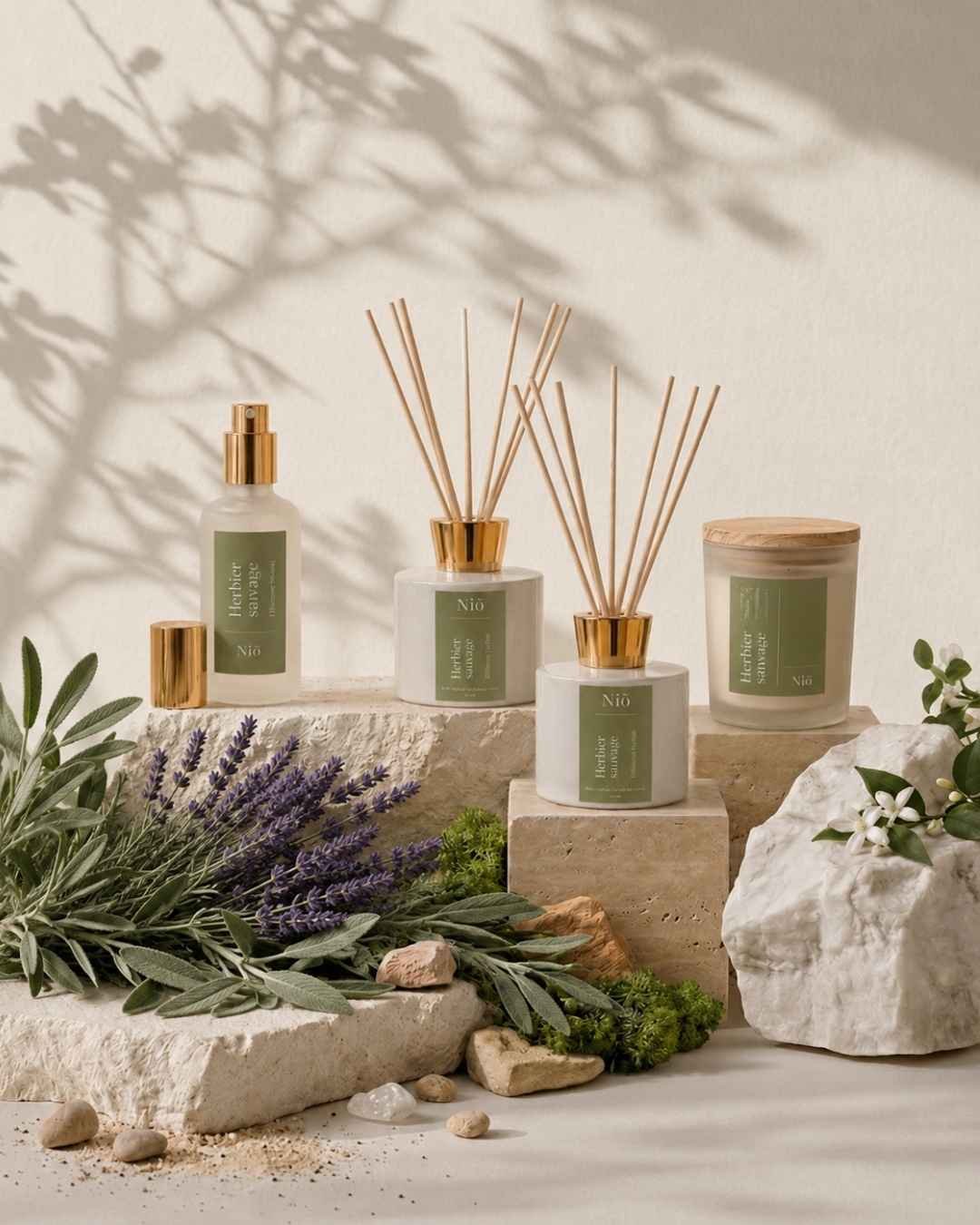 La collection Herbier Sauvage de Niõ composée d'une bougie parfumée artisanale, d'un diffuseur de parfum d'ambiance à bâtonnets et d'une brume d'oreiller, représente la famille olfactive fougère/aromatique/végétale dans un cadre épurée avec des feulles de lavande et de sauge et des pierres naturelles brutes 