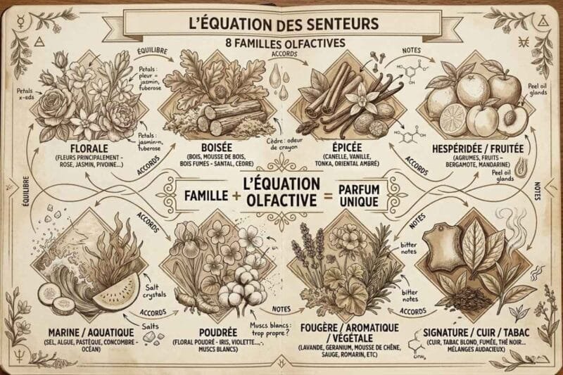L'esquisse de schéma des familles olfactives des parfums d'intérieur et d'ambiance de Niõ dessinée dans un vieux carnet aux pages jaunies