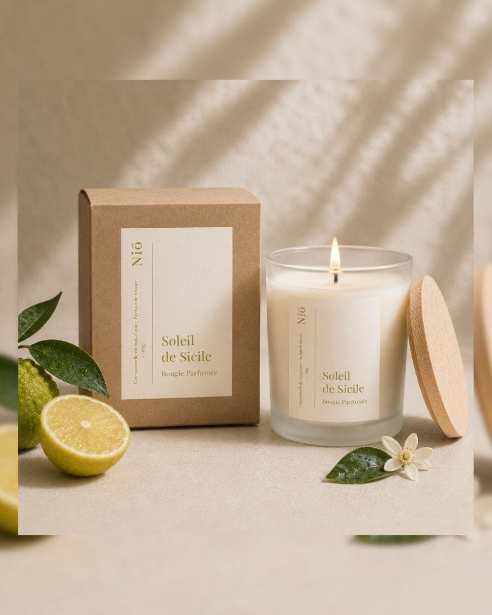 Bougie parfumée Soleil de Sicile posée à coté de son écrin, une boite premium en carton recyclé - Niõ
