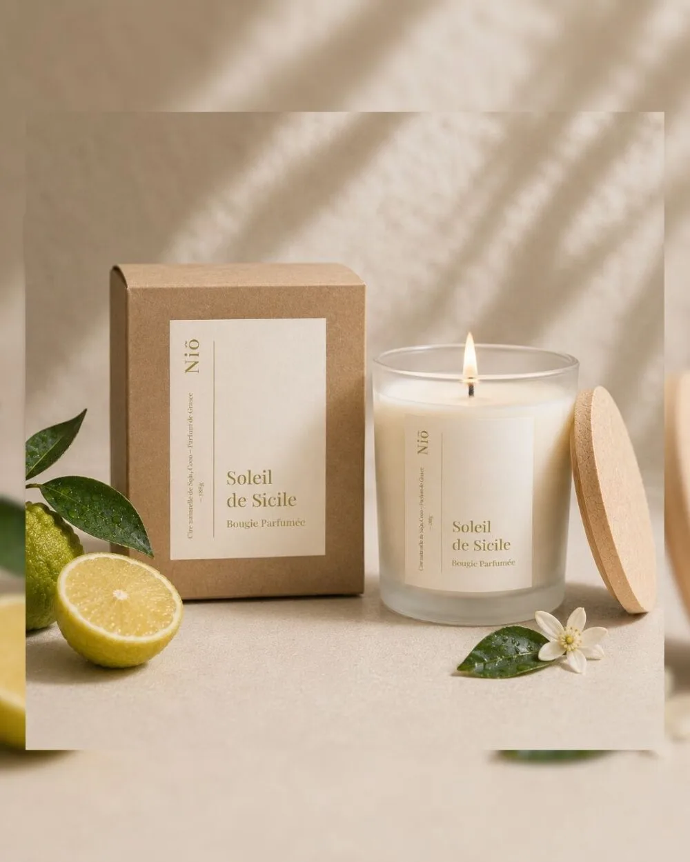 Bougie parfumée Soleil de Sicile posée à coté de son écrin, une boite premium en carton recyclé - Niõ