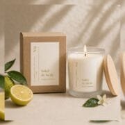 Bougie parfumée Soleil de Sicile posée à coté de son écrin, une boite premium en carton recyclé - Niõ