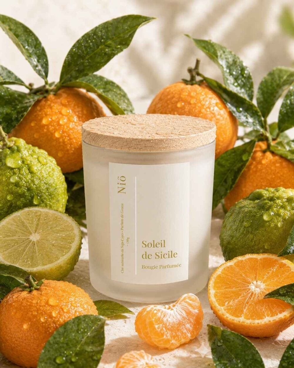 Bougie Soleil de Sicile dans un décor rempli de mandarines et d'autres agrumes - Niõ