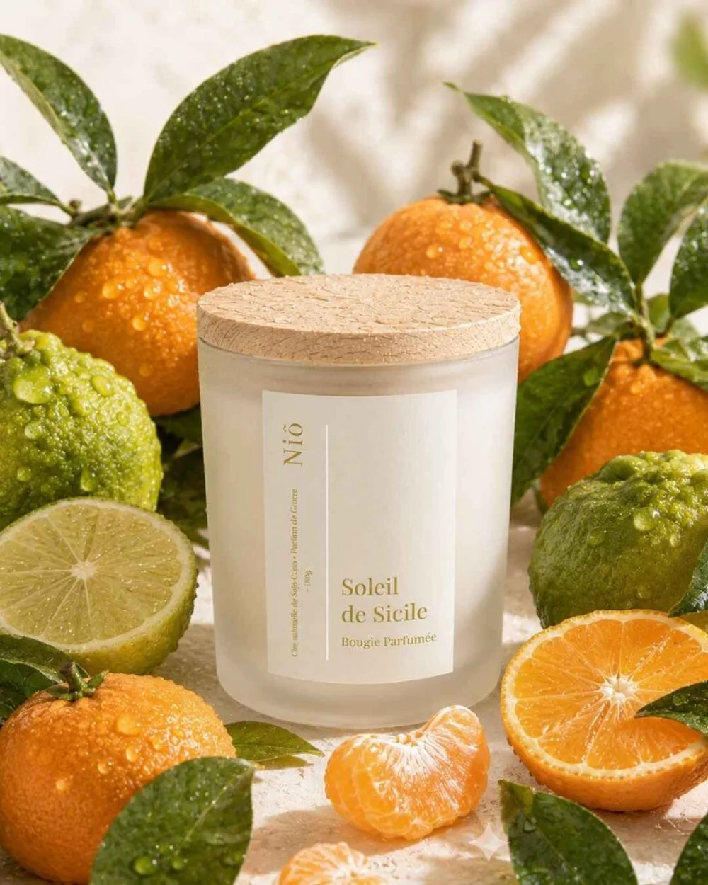 Bougie Soleil de Sicile dans un décor rempli de mandarines et d'autres agrumes - Niõ