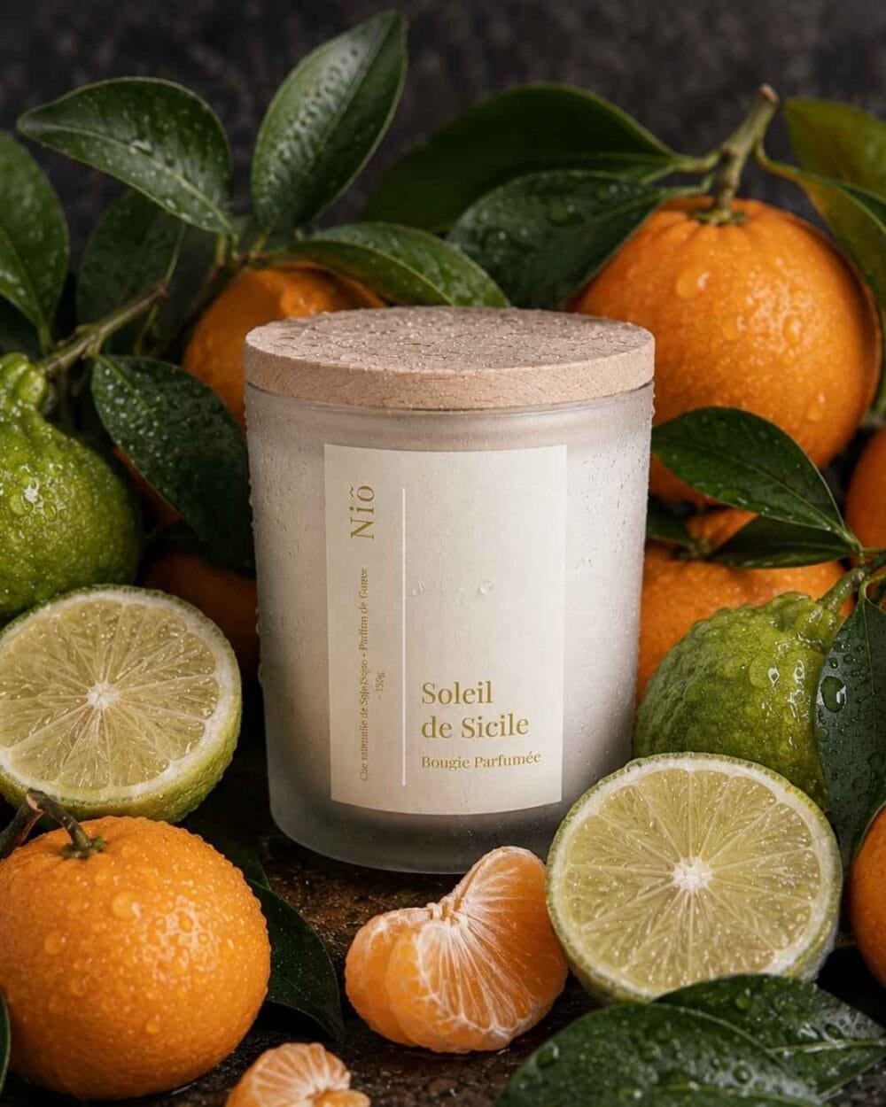 La bougie parfumée à la mandarine, posée parmi les agrumes frais, rosé du matin dessus - Niõ