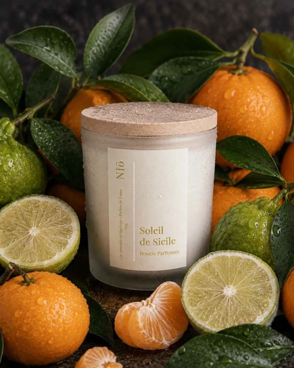 La bougie parfumée à la mandarine, posée parmi les agrumes frais, rosé du matin dessus - Niõ