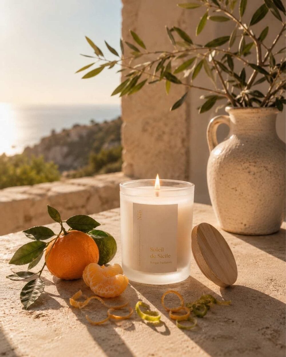 La scène au bord d'une fenêtre d'une maison d'un village en Sicile, une mandarine et une bougie parfumée de Niõ posées, avec la vue mer derrière