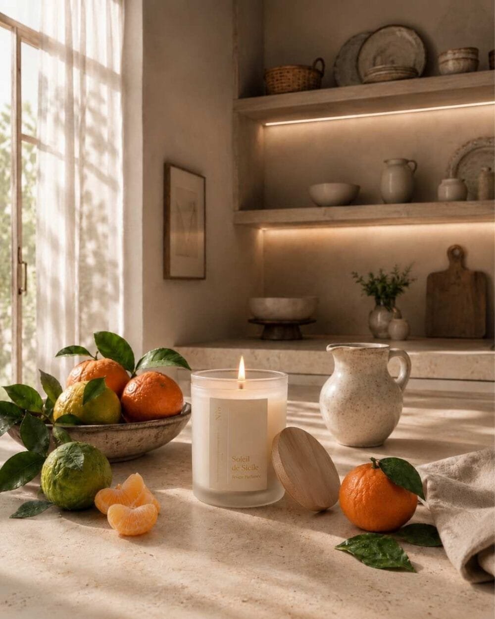 Des agrumes, des mandarines et une bougie parfumée de Niõ allumée sur un plan de travail en bois clair dans une cuisine, la fenêtre et la lumière de jour à l'arrière