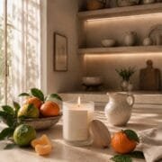Des agrumes, des mandarines et une bougie parfumée de Niõ allumée sur un plan de travail en bois clair dans une cuisine, la fenêtre et la lumière de jour à l'arrière