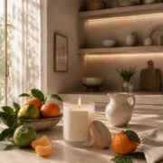 Des agrumes, des mandarines et une bougie parfumée de Niõ allumée sur un plan de travail en bois clair dans une cuisine, la fenêtre et la lumière de jour à l'arrière
