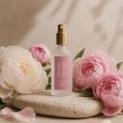 Brume parfumée Pivoine Sauvage de Niõ posée sur un socle en pierre dans un décor épuré entourée des fleurs de pivoine