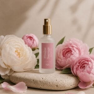 Brume parfumée Pivoine Sauvage de Niõ posée sur un socle en pierre dans un décor épuré entourée des fleurs de pivoine