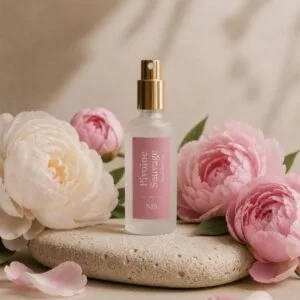 Brume parfumée Pivoine Sauvage de Niõ posée sur un socle en pierre dans un décor épuré entourée des fleurs de pivoine