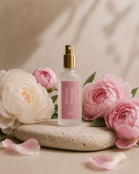 Brume parfumée Pivoine Sauvage de Niõ posée sur un socle en pierre dans un décor épuré entourée des fleurs de pivoine