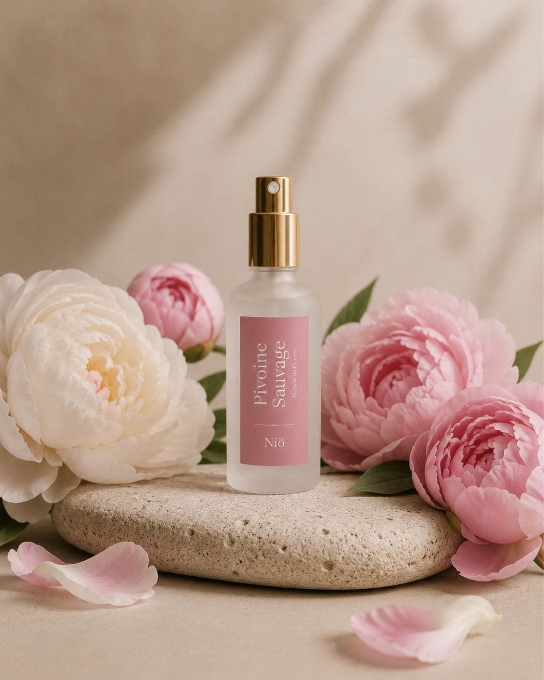 Brume parfumée Pivoine Sauvage de Niõ posée sur un socle en pierre dans un décor épuré entourée des fleurs de pivoine