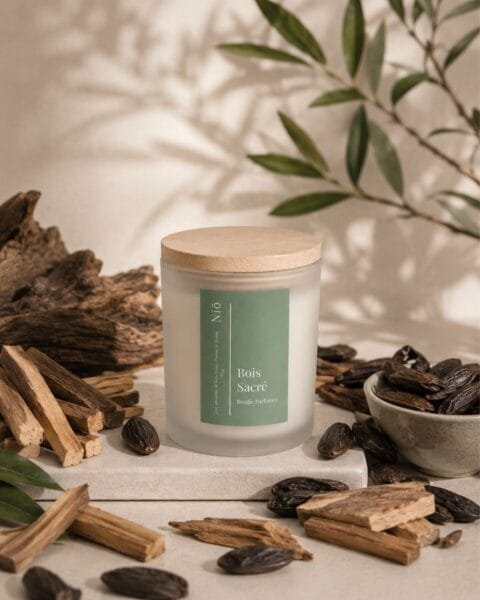 Bougie Bois Sacré de Niõ, parfumée au Santal, dans un décor épuré entouré des écorce de bois de santal de fèves de tonka