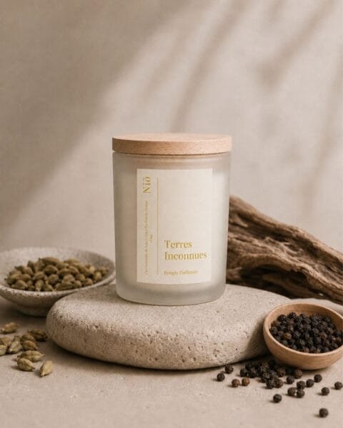 Bougie parfumée Terres Inconnues de Niõ dans un décor sophistiqué évoquant ses notes olfactives : cèdre, cardamome, santal...