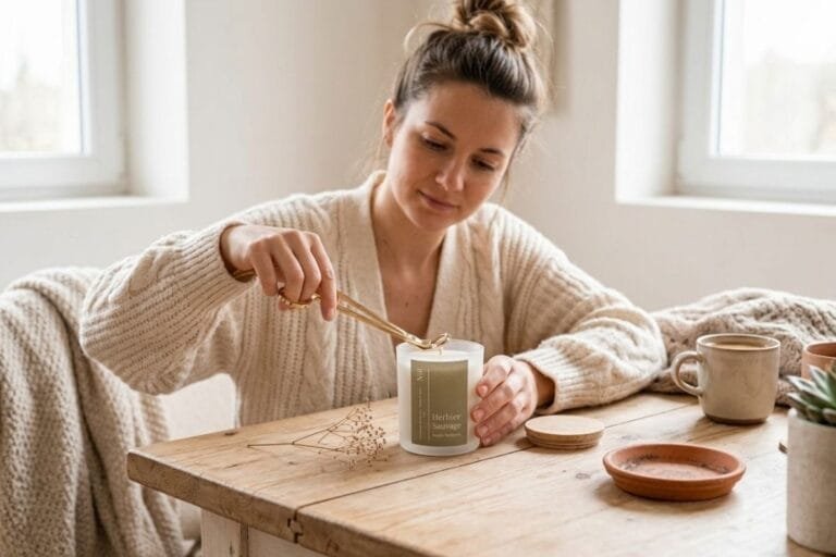 Comment entretenir une bougie parfumée - Femme utilisant un coupe-mèche sur une bougie parfumée Niõ pour l'entretenir et prolonger sa combustion