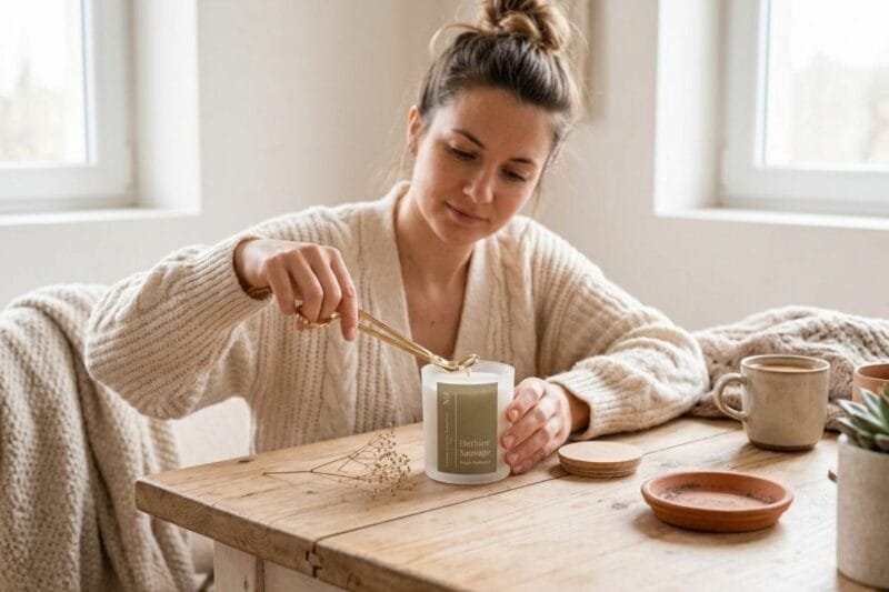 Comment entretenir une bougie parfumée - Femme utilisant un coupe-mèche sur une bougie parfumée Niõ pour l'entretenir et prolonger sa combustion