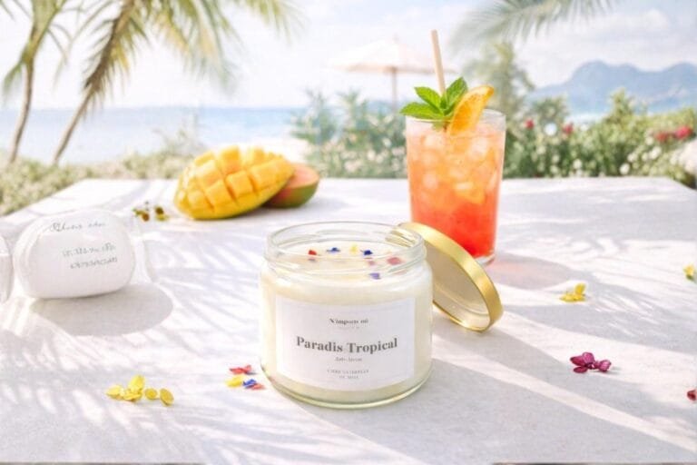 Ambiance tropicale dans un salon avec bougie parfumée artisanale Niõ