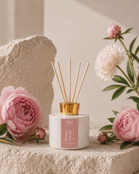 Diffuseur de parfum Pivoine Sauvage de Niõ posé sur un socle en pierre naturelle et entouré des pivoines fraiches