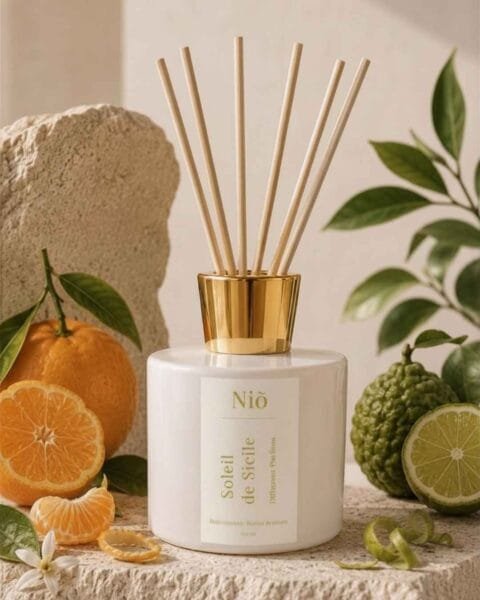 diffuseur-parfum-a-batonnets-soleil-de-sicile-mandarine-nio Diffuseur Soleil de Sicile, à roseaux, posé sur un socle en pierre naturelle et entouré de mandarines et agrumes - Niõ