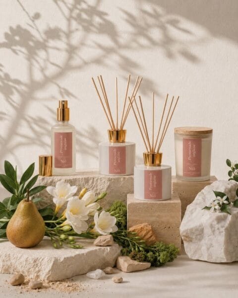 Diffuseur de parfum à bâtonnets Poire et Freesia, Promenade Anglaise, dans un décor sophistiqué avec d'autres produits de la gamme Niõ