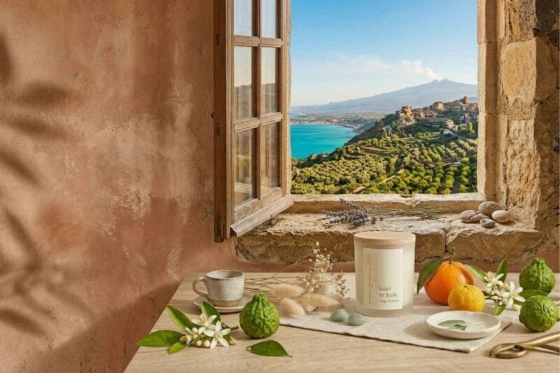 L'été parfumé - bougies et fondants Niõ sur une table en bois avec des agrumes
