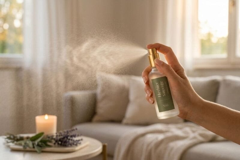 Brume parfumée Herbier Sauvage Niõ vaporisée dans un intérieur lumineux astuces pour rafraîchir sa maison en été