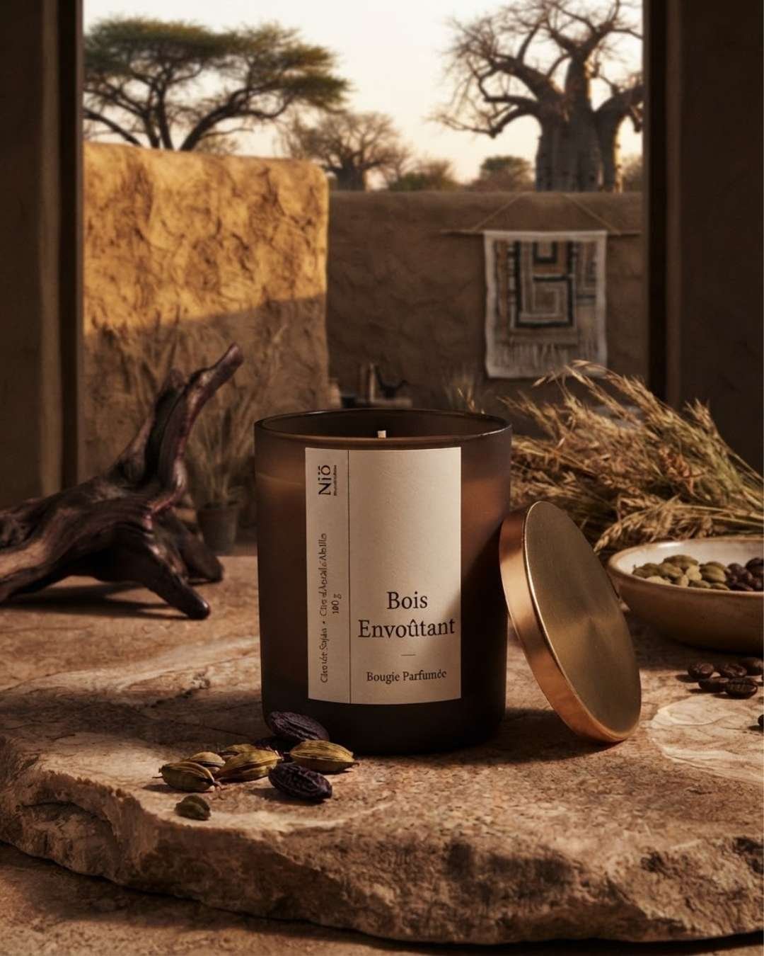 Bougie parfumée Bois Envoûtant en verre ambré avec couvercle doré, posée sur une pierre avec des gousses de cardamome, devant un paysage de savane.