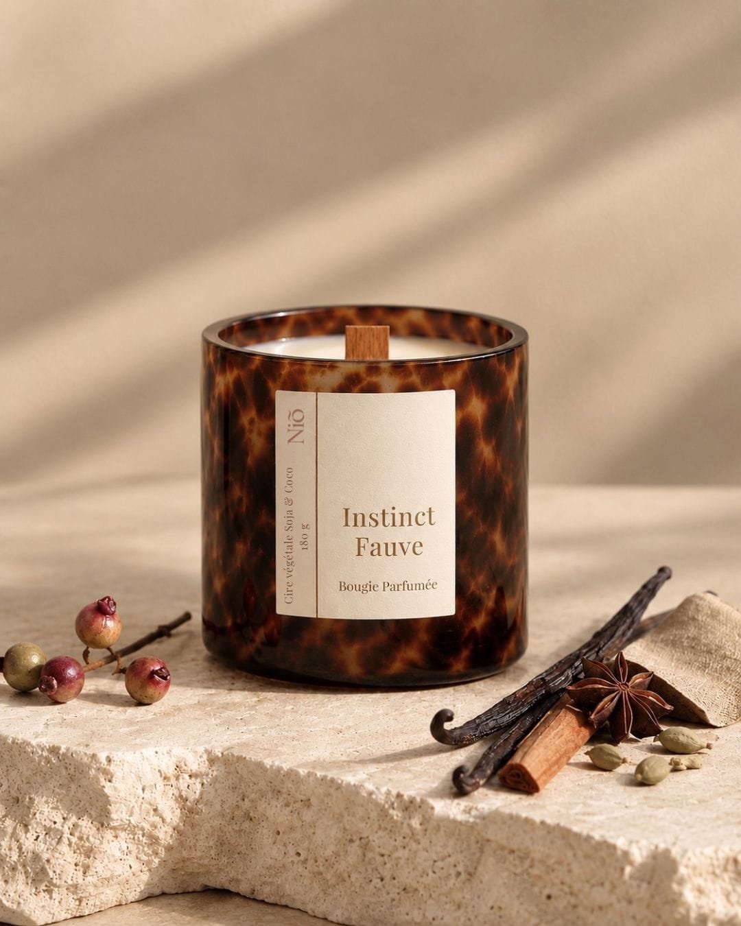 Bougie Instinct Sauvage en verre ambré à motif léopard, mèche en bois, posée sur une pierre claire avec gousses de vanille, badiane, cannelle et cardamome.