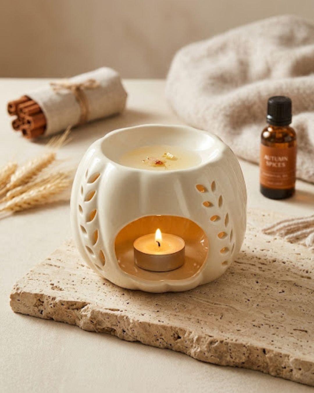 Brûle-parfum Citrouille Blanche en céramique de Niõ sur un socle en pierre naturelle, un plaid et un flacon d'huile essentielle en arrière plan