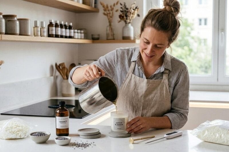 Une jeune femme montrant comment fabriquer ses bougies maison et quelle cire pour bougies maison -Niõ