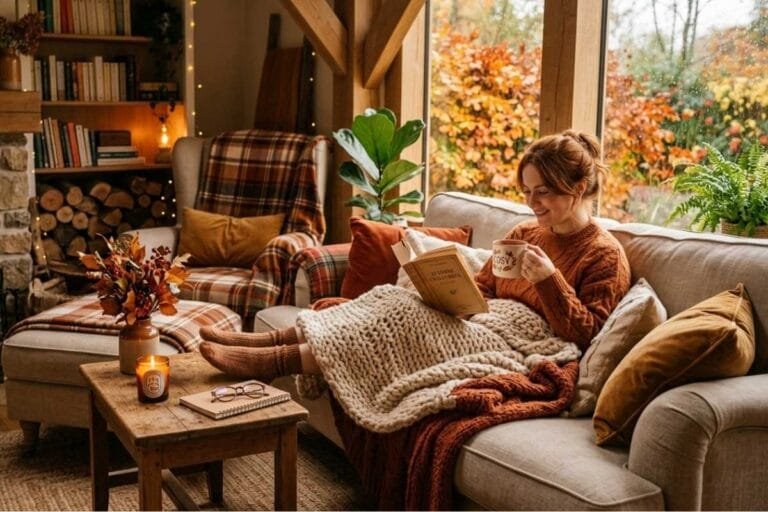 Une jeune femme posée sous plaide avec sa tasse de thé et une bougie Niõ - ambiance cocooning d'automne