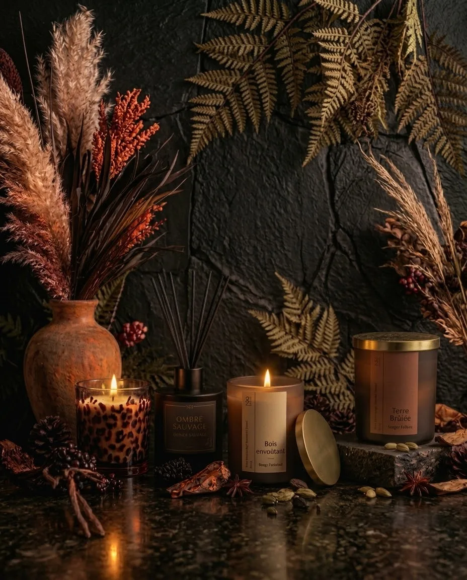 Niõ ∼ Bougies Fait Main et parfums d'ambiance authentiques 13 Un cadre composé des matières brutes et naturelle de la nouvelle collection de Niõ avec des bougies parfumées naturelles artisanales, fondants artisanaux, et d'autres diffuseurs de parfums d'intérieur