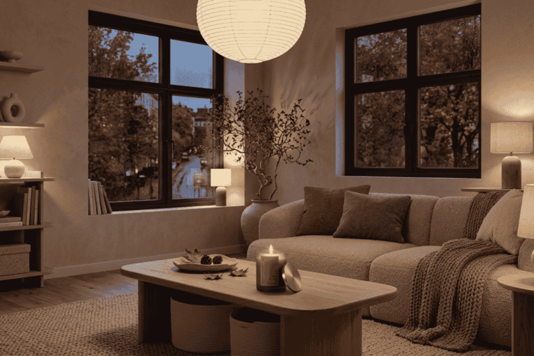 une bougie Niõ diffusant les parfums qui réchauffent l'intérieur d'un appartement au style japandi un soir d'automne